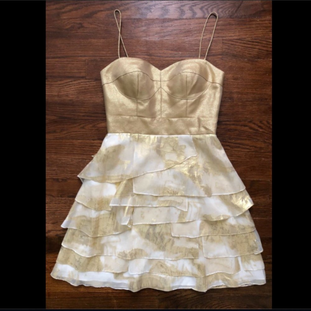 Aidan Mattox Gold Silk Tiered Cocktail Dress